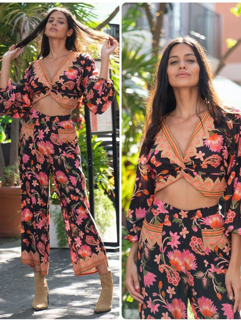 Z&L Europe Raya Viscose Floral Wide-Leg Pants & Crop Long Sleeve Top SET NWT